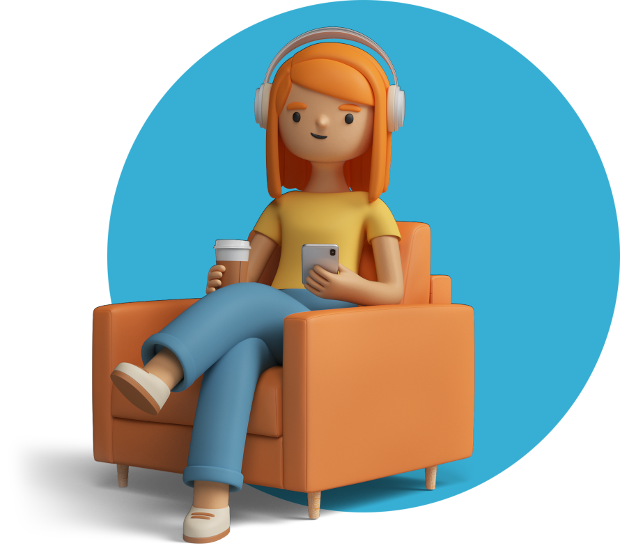 Imagem em 3d de uma mulher vendo celular com café na mão.